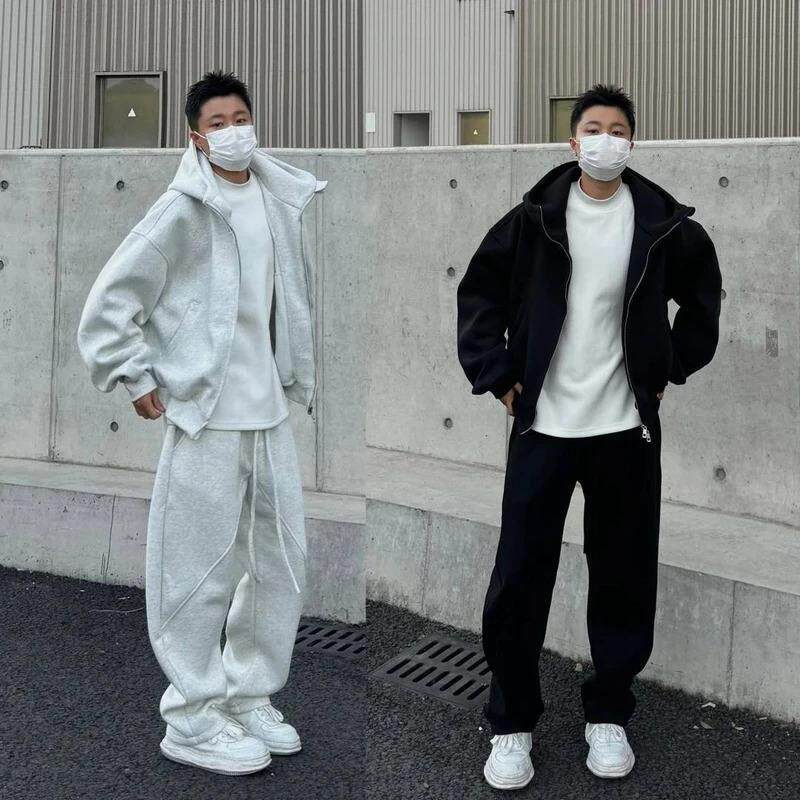 LuxeHaven轻奢简约美式重磅连帽卫衣开衫男潮系带休闲裤两件套装