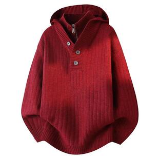 欧尚先生穿搭假两件连帽毛衣男冬季毛线衣本命年高级感针织衫卫衣