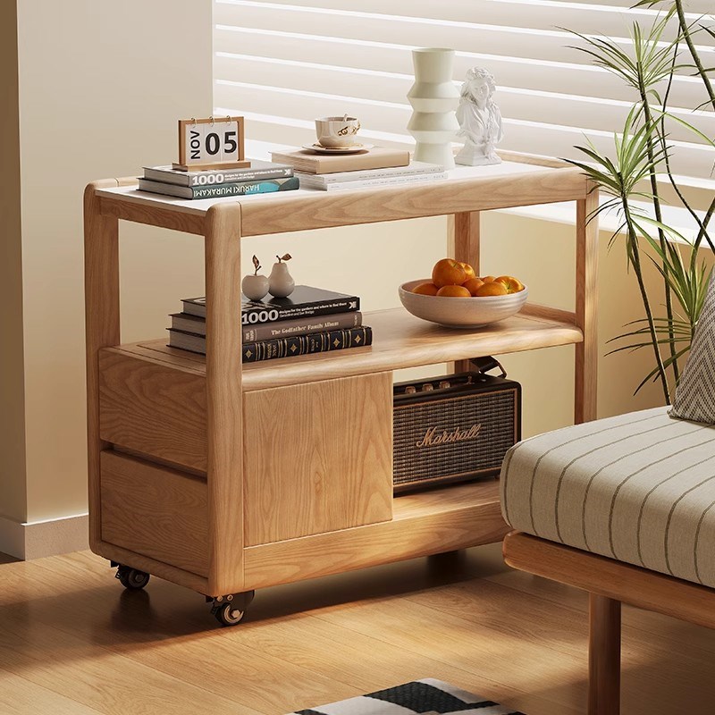 原木风移动边柜岩板小推车边几床头柜储物置P物架带轮小户型实木