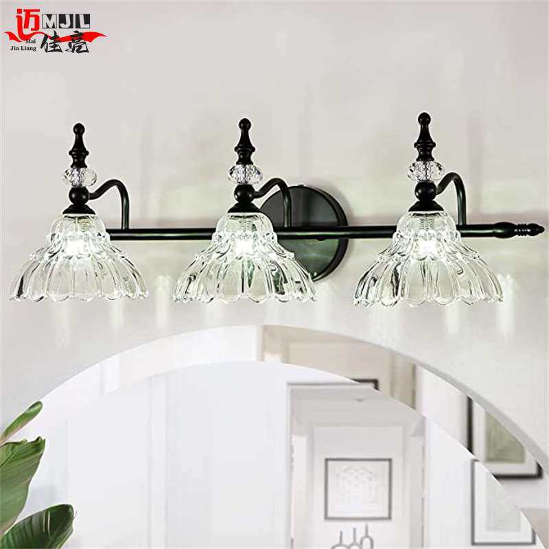 美式复古化妆灯浴室镜前灯水晶玻璃灯罩壁灯工业风卧室过道床头灯
