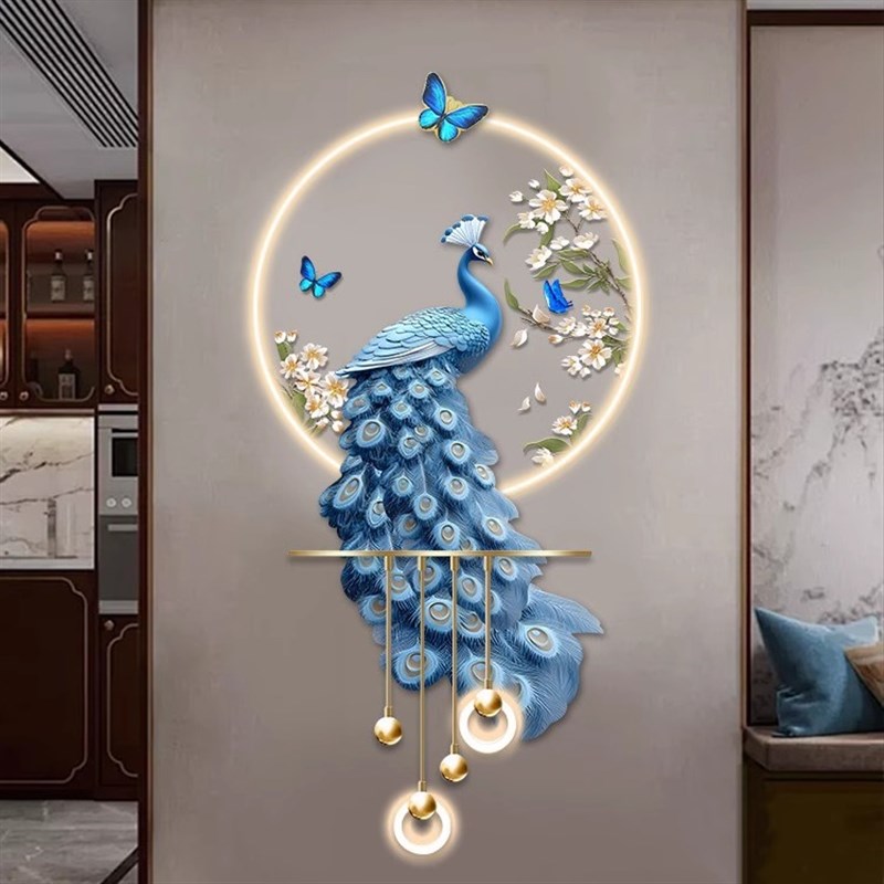 孔雀玄关装饰画高级感立体LED壁灯新中式入户走廊过道挂画2025新图片