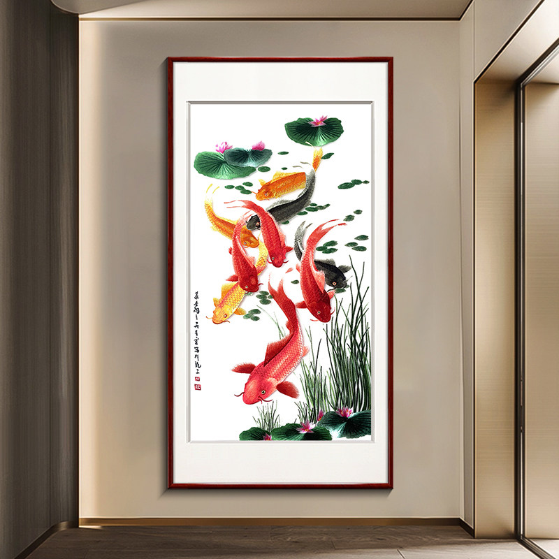 九鱼图成品挂画入户玄过道饰画客厅竖壁画墙画刺绣