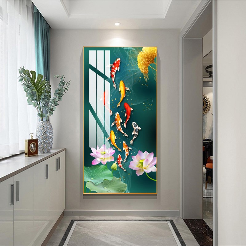 现代玄入户正对门九鱼图饰画招财九尾鱼荷竖走廊过道壁画