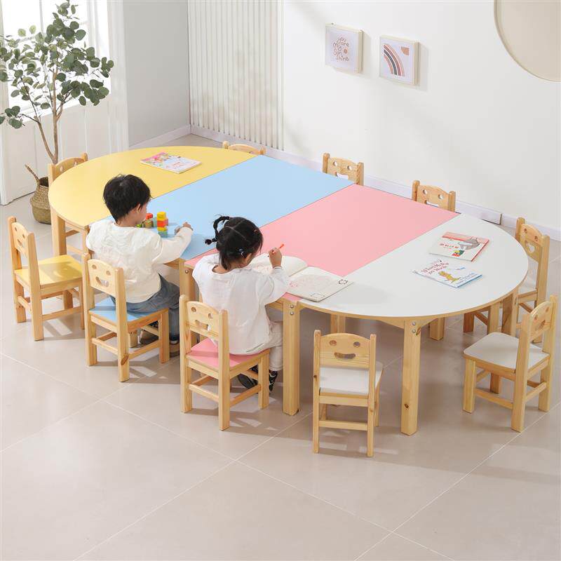 幼儿园桌椅实木课桌椅早班防火板彩色桌子儿童长方桌美术涂鸦桌