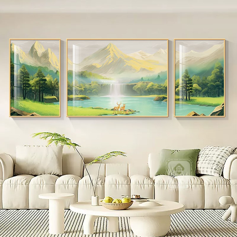 聚宝盆客厅西墙聚财山水饰画大气日照金山靠山图沙发背景墙挂画