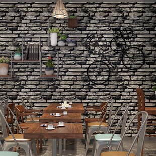 复古文化石墙纸立体仿石头纹烧烤背景墙防水深色黑色壁纸