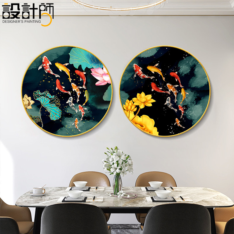 新玄关装饰画圆形九鱼图客厅招财壁画餐桌墙画饭厅挂画画,家居饰品,现代装饰画,淘宝优惠券,粉丝福利购,淘宝优惠卷