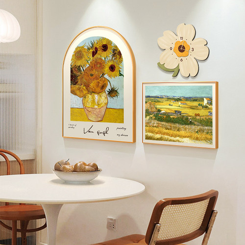 奶油风装饰画钟表挂钟客厅22新款世界名画挂画梵高饭厅壁画