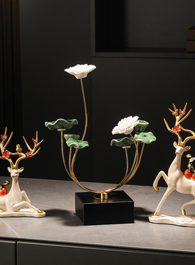 新中式复古中国风禅意荷花摆件书房茶室角几客厅酒柜电视柜装饰品