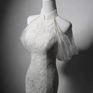 MISSQIAN 挂脖蕾丝新娘鱼尾结订婚迎宾仪式拖尾主婚纱敬酒晚礼服