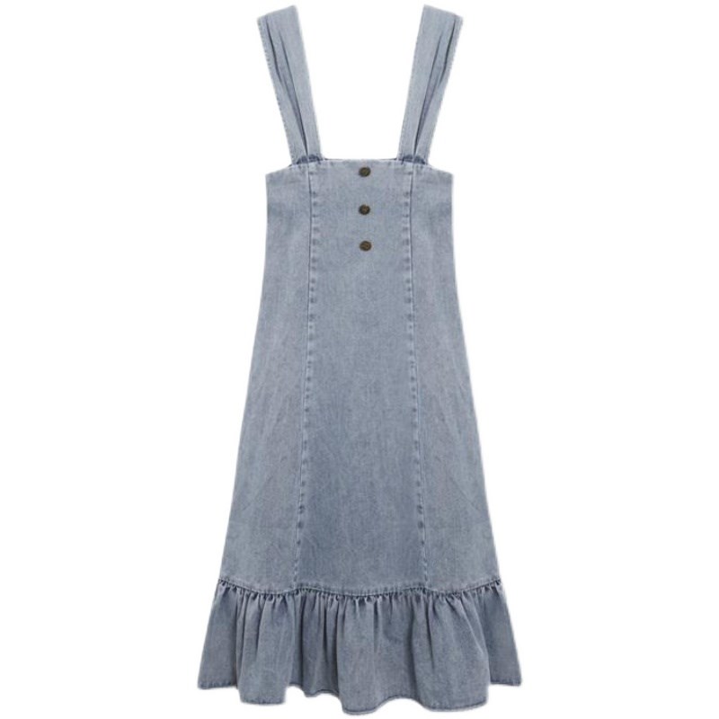 夏季甜美荷叶边牛仔背带裙设计感小个子收腰显瘦中长款鱼尾连衣裙