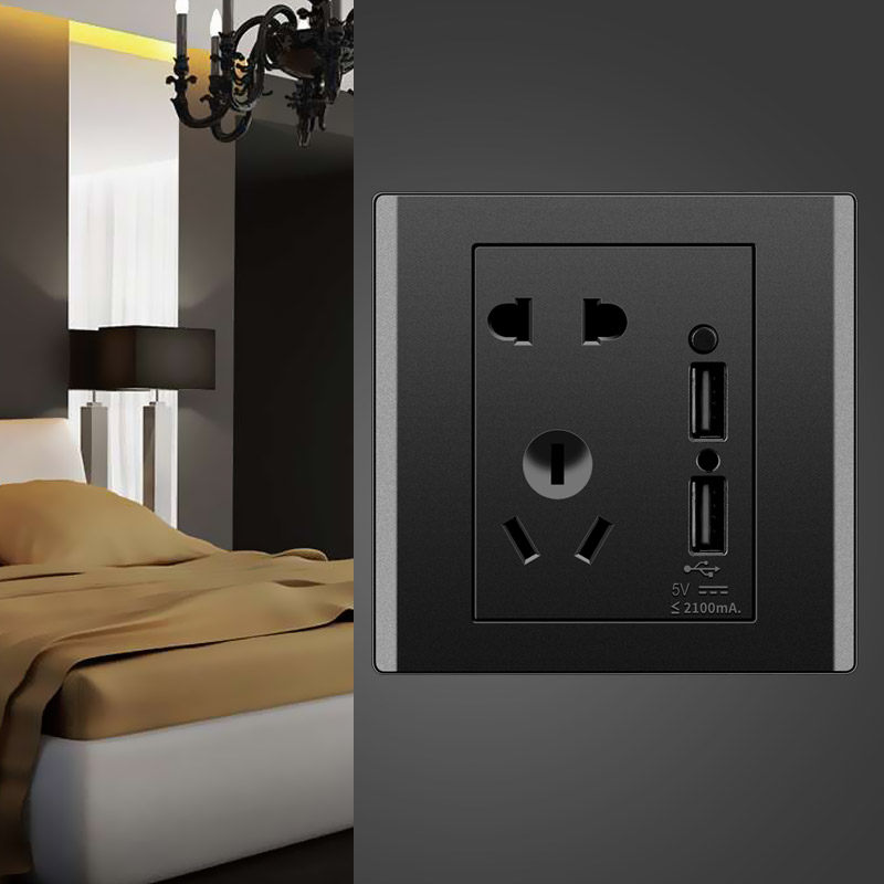 黑色86型开关插座面板墙壁家用二三插5五孔电源带开关USB充电