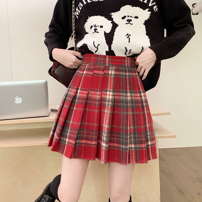 大码美式气质短裙红色a字半身裙女复古毛呢裙格子百褶裙秋冬新款