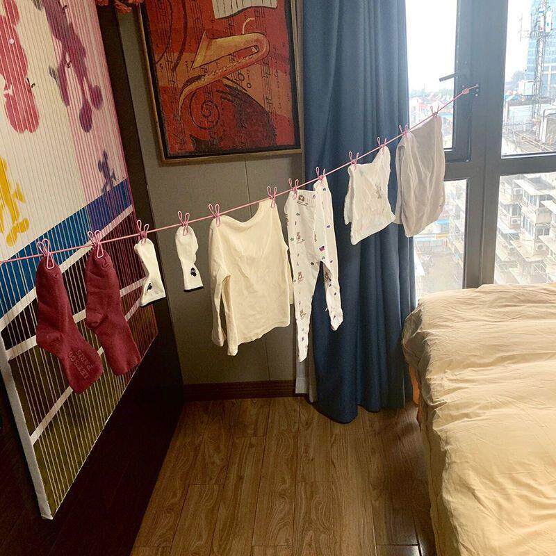 伸缩晾衣晾衣绳防风室内晒衣绳打孔旅行户外可携式阳台夹子挂钩