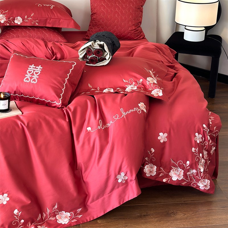 绣花婚庆四件红色全棉100支长绒棉刺绣结婚被床单1.8床笠