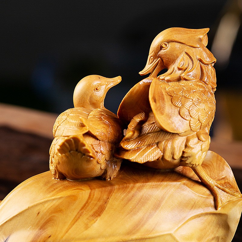 乐清黄杨木雕实木雕刻手把件鸳鸯喜荷动物中式家居装饰工艺品摆件