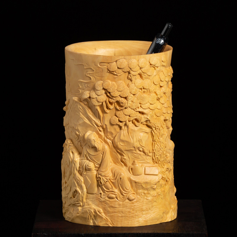 小叶黄杨木雕创意实木办公桌大号笔筒桌面雕刻工艺品摆件李白醉酒