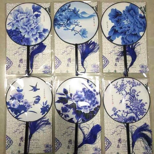 扇子青花瓷团扇儿童节演出古典长柄宫廷古风跳舞圆形荷花女汉服扇