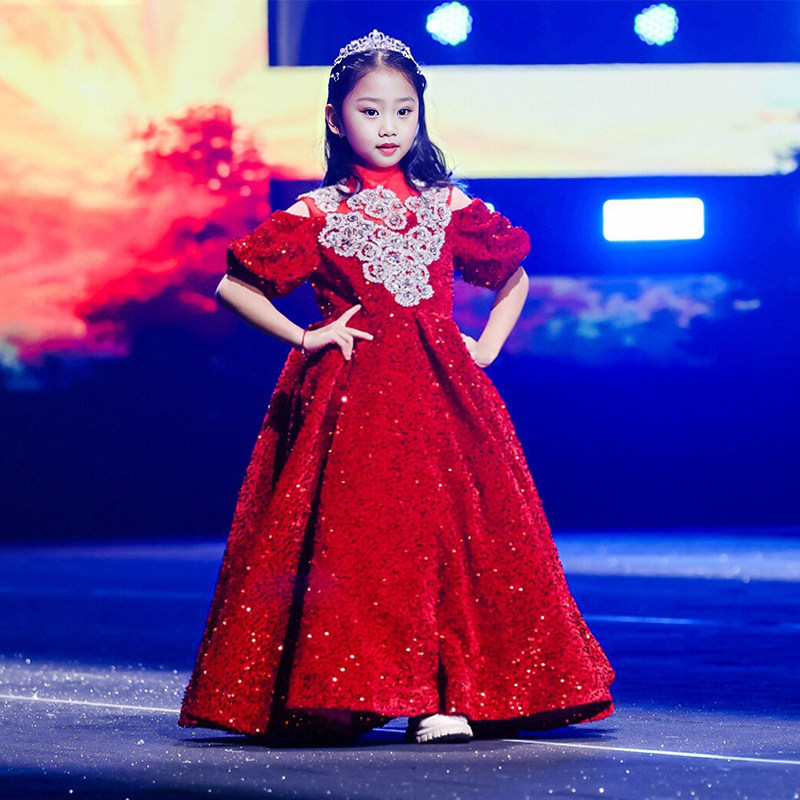 儿童礼服公主裙女童高端红色亮片年会主持晚礼服小女孩舞台演出服