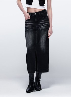 EMPTY PAGE黑色水洗做旧牛仔裙高腰百搭开叉a字半身裙