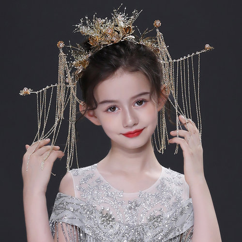 儿童礼服古风发饰流苏女童秀禾服发冠头饰小女孩古装凤冠发饰配饰