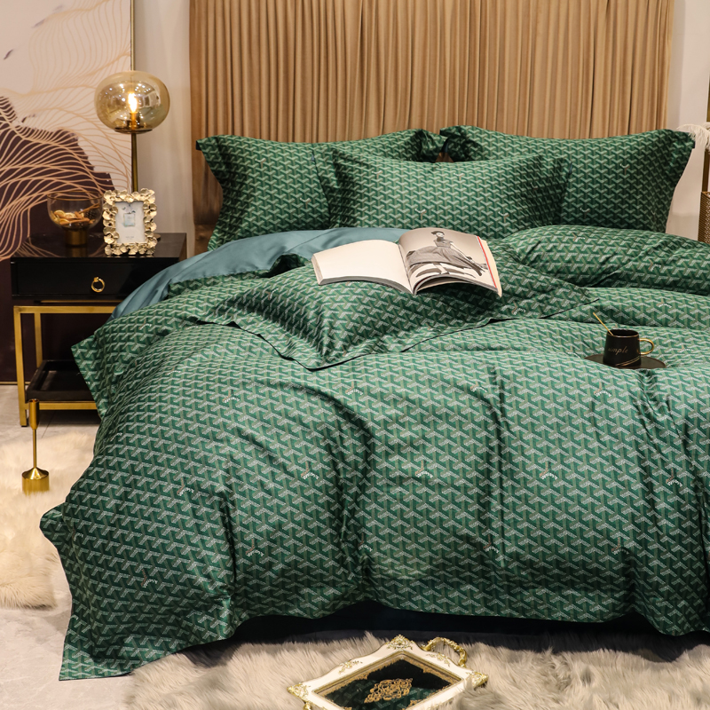 北欧轻奢风80支长绒棉贡缎四件套纯棉抽象格子被套床单床上用品