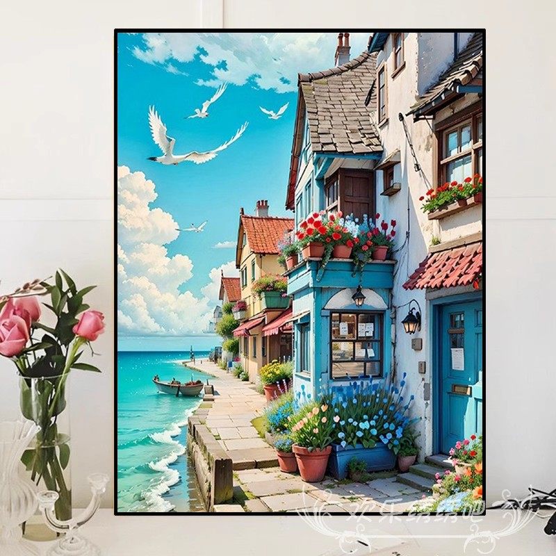 海边小镇十字绣新款客厅线绣小幅餐厅欧式油画风景满绣手工自己绣