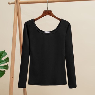 2023秋季新款长袖打底衫纯棉双U领t恤女低胸性感大领口短款上衣