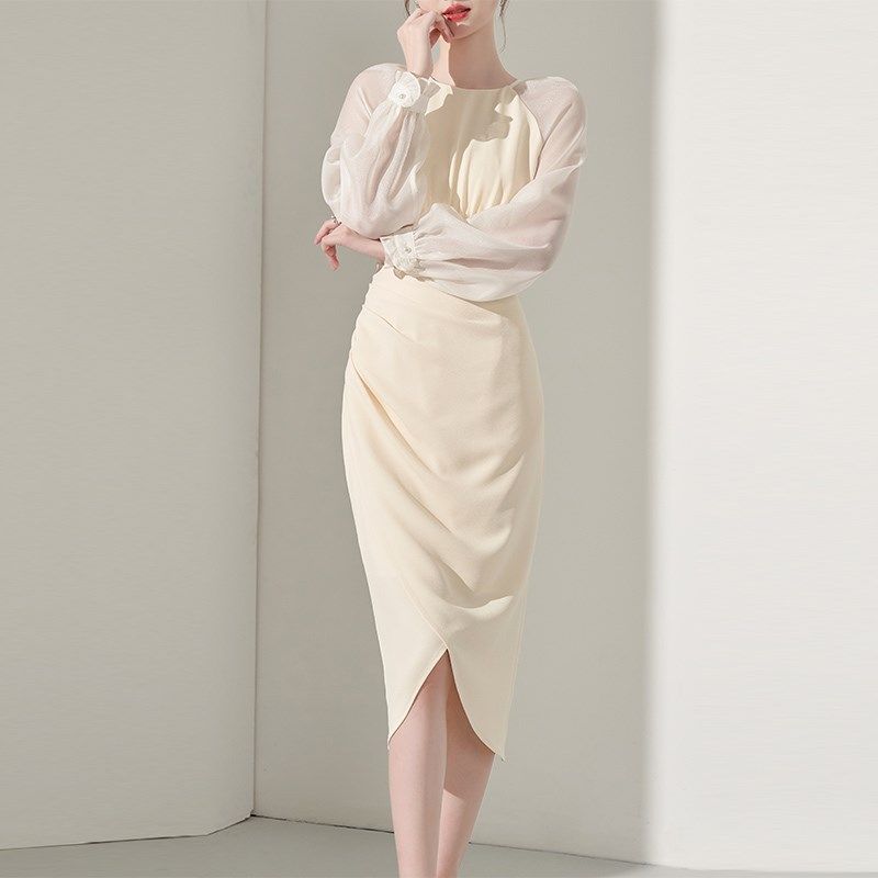 韩语琳春装长袖连衣裙女2025新款夏季法式显瘦气质高级感拼接裙子