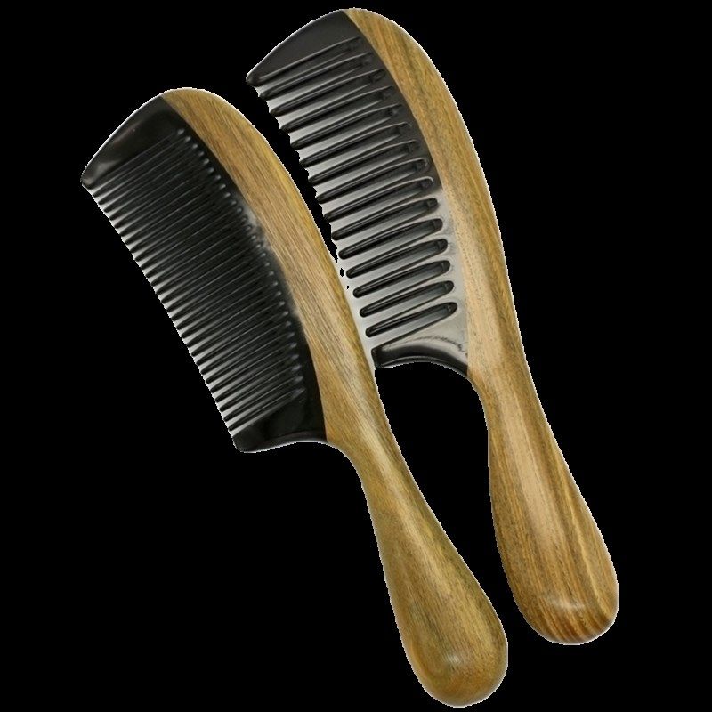绿檀角木梳天然绿檀木拼接黑牛角梳20厘米大号手柄圆柄角木梳包邮
