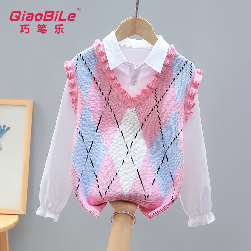 2023秋季新款女童假两件毛衣中大童背心儿童套装薄款女孩全棉线衣