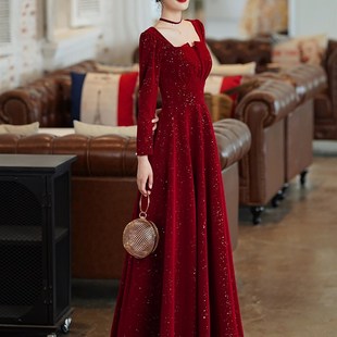 新娘酒红色敬酒服结婚2023新款秋冬晚礼服平时可穿礼服回门连衣裙