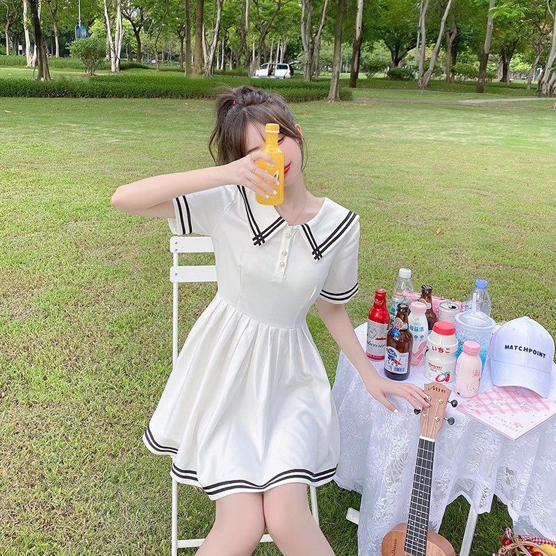 夏季矮小个子娃娃领海军领水手服连衣裙