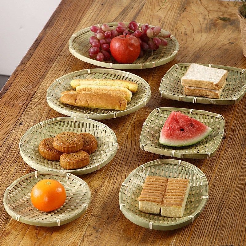 竹编簸箕盘手工箩筐托盘零食小筐家用馒头水果竹篮桌面装饰篮创意