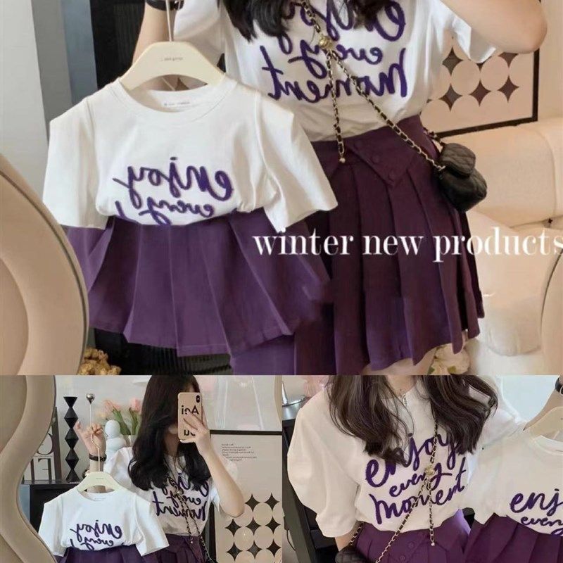 新款高端亲子装2023夏季母女装百褶裙套装一家三口四口全家装母子,童装/婴儿装/亲子装,亲子装/亲子时装,淘宝优惠券,粉丝福利购,淘宝优惠卷