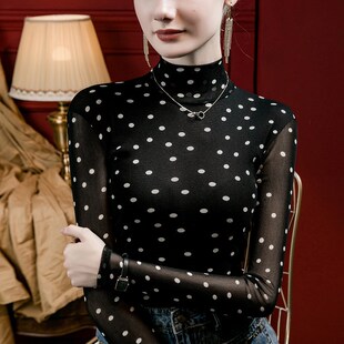 半高领沙体网纱t恤女秋款长袖妈妈波点打底衫女薄纱黑底白点上衣