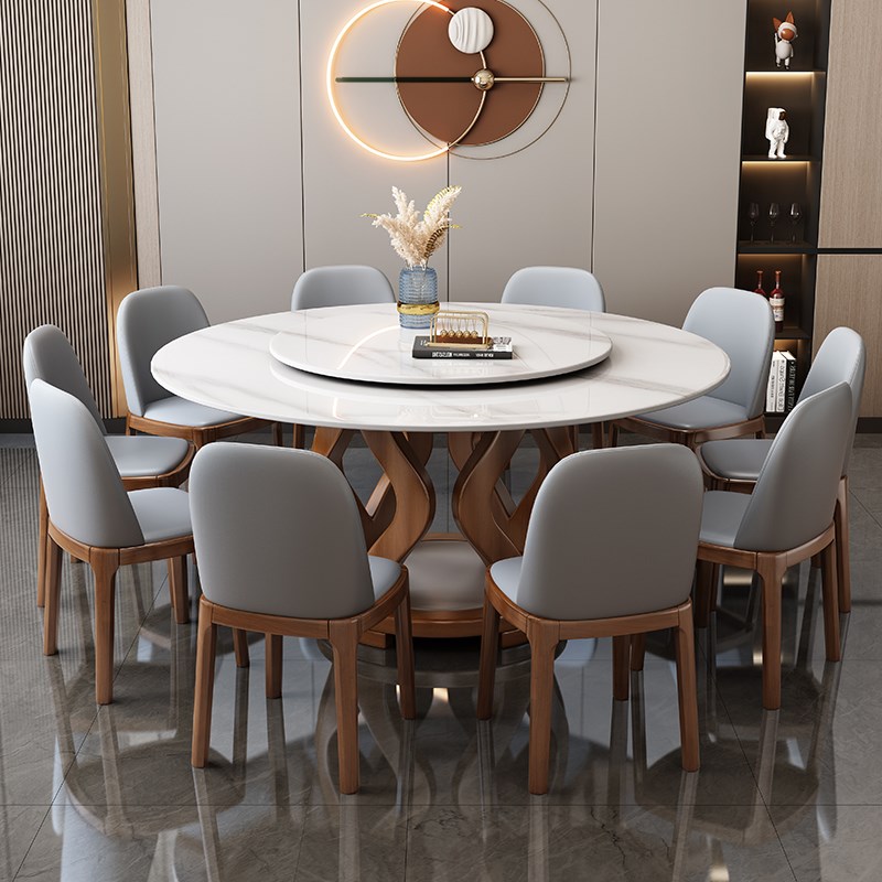 实木岩板餐桌椅现代高端小户型圆形家用圆桌带转盘吃饭桌