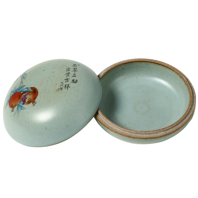 匠人手造手绘石榴印泥盒 陶瓷印泥印台小号印章盖章用瓷器小摆件