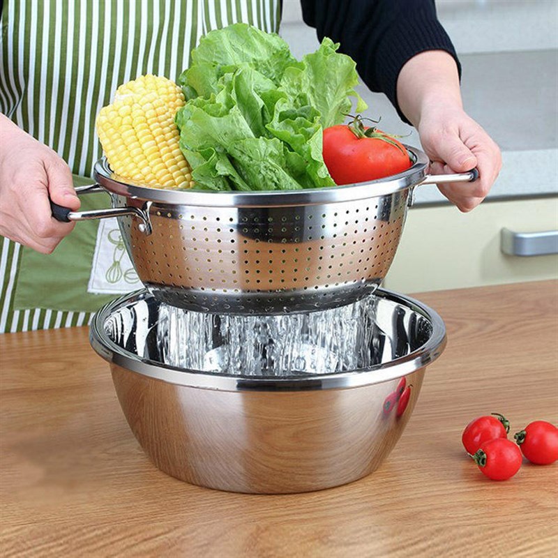 0不锈钢反边漏盆水果洗菜盆 家用沥水篮洗米筛 米盆冲孔漏盆