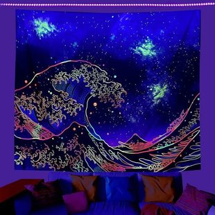 装饰布蓝夜光神奈川浮世绘荧光挂毯uv挂毯背景布卧室床头宿舍挂布