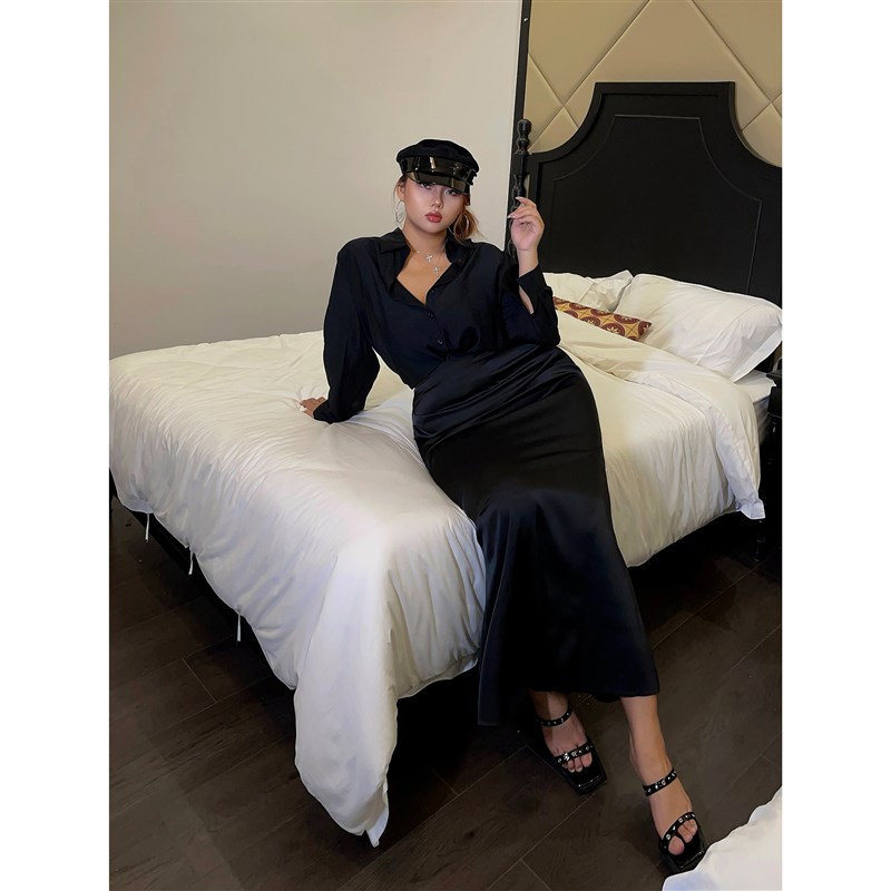 楠哥微胖黑色中长款半身裙女2024早秋新款大码高腰显瘦胖mm包臀裙