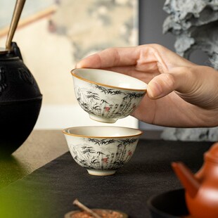 汝窑墨竹小宫杯茶杯套装家用待客主人杯中式单个定制喝茶杯茶盏