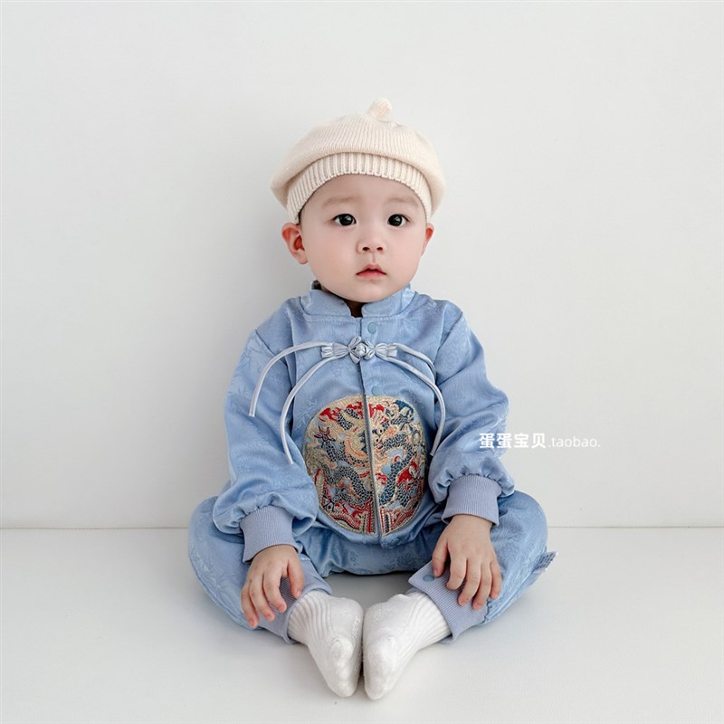 中式男宝宝秋装连体唐装婴儿衣服超萌满月百天周岁礼服洋气春秋季