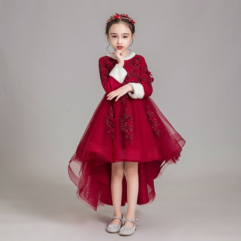 儿童礼服公主裙女童红色长袖加绒花童主持人钢琴演出服演奏秋冬季