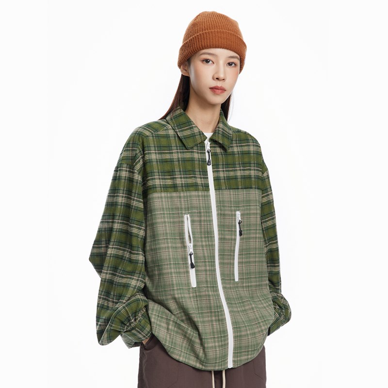 STRIIS窗外风景格子拼接拉链衬衫宽松休闲百搭长袖翻领外套男女