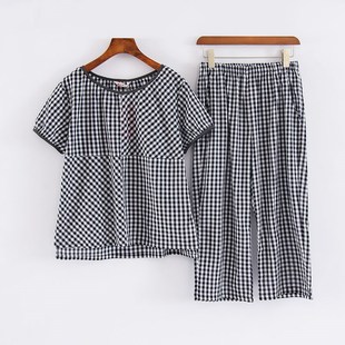 麦可将2025夏季女士短袖七分裤梭织纯棉格子简约套头薄款青年睡衣