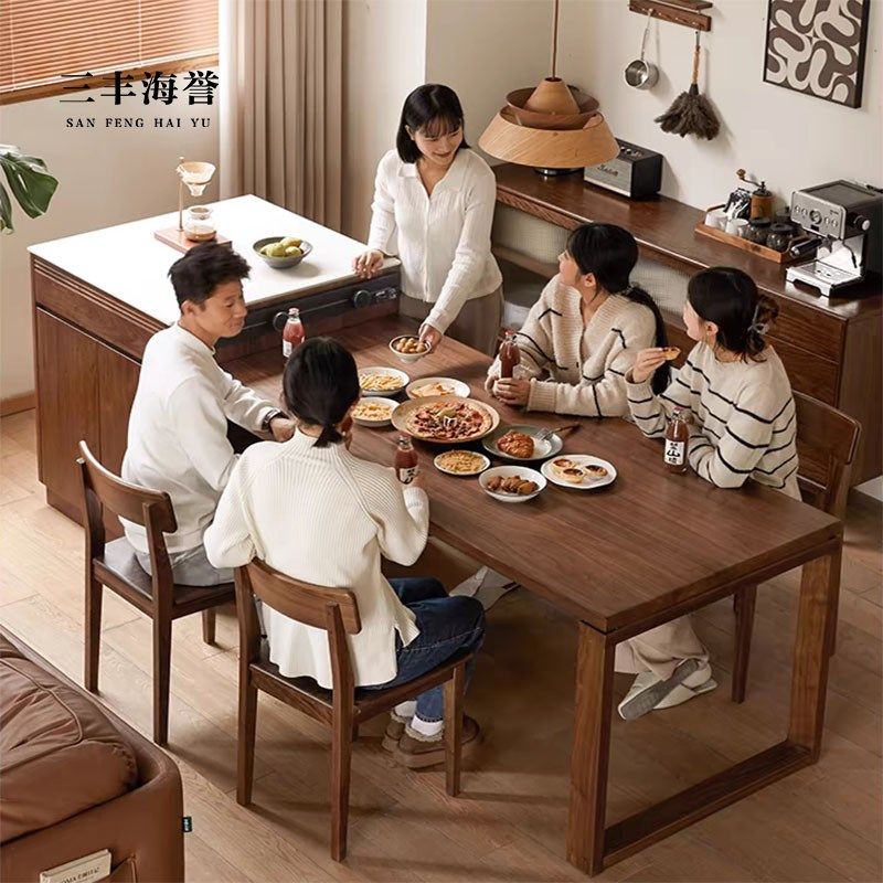 黑胡桃实木岛台餐桌一体可伸缩餐厅柜家用岩板茶水台多功能餐柜