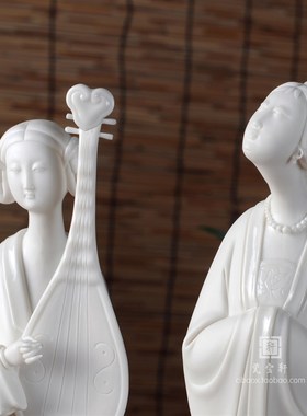 德化白瓷古典仕女美女抱古琴人物摆件 瓷塑一对工艺品摆件 阑珊处