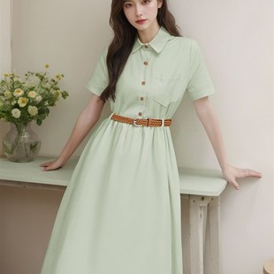 2025新款 连衣裙夏季 裙子1196 学院风收腰衬衫 有里布送腰带女装