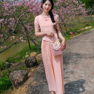 ATAR新中式套装小个子女新款夏季国风盘扣短袖T恤高腰阔腿裙裤子